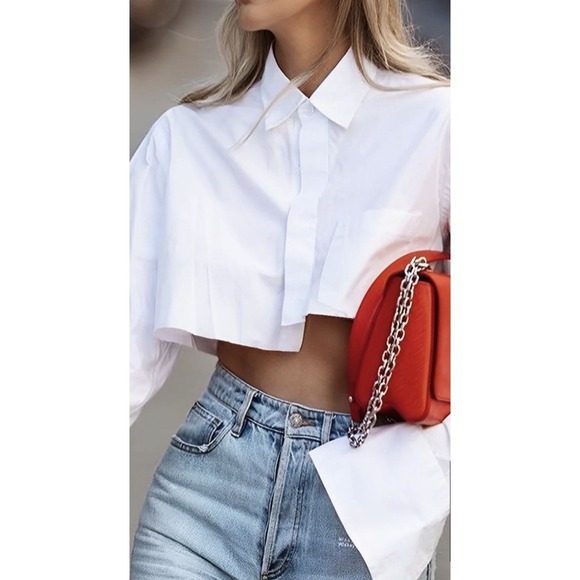 New With Tags Commense‎ Asymmetrical Cotton Crop Shirt Size m White - Picture 1 of 6